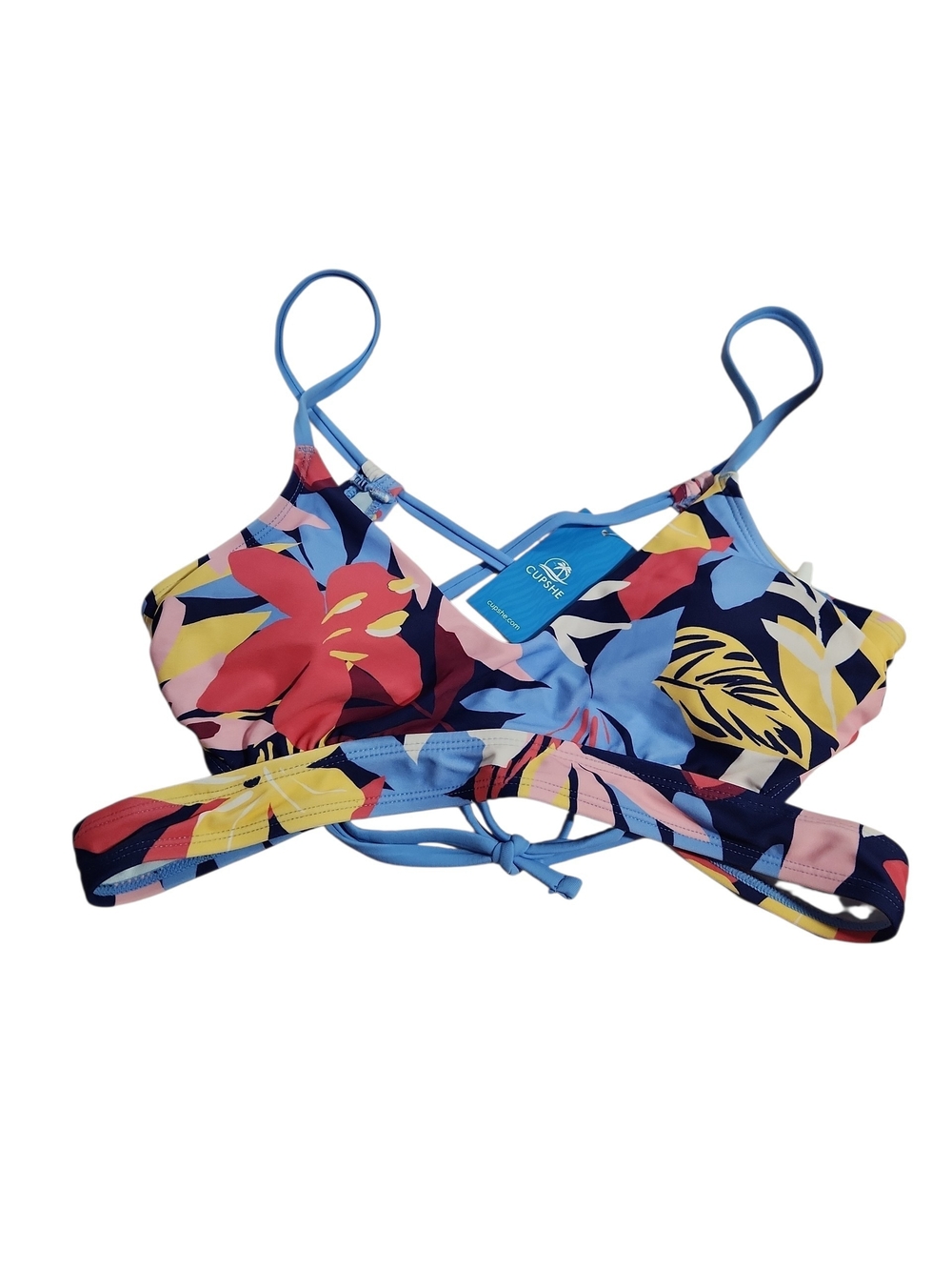 Cupshe Womens Blue Tropical Floral Bikini Top with Multicolor Print